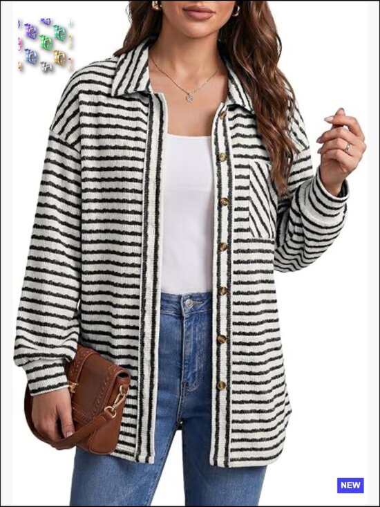 Jackets & Blazers - Casual Oversized Striped Shacket Jacket Long Sleeve Button Down Fall Coat